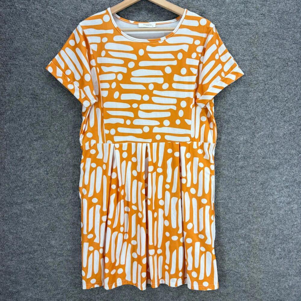 Naggoo Dress Women XL Orange Striped Shift Short Round Neck Short Sleeve Casual